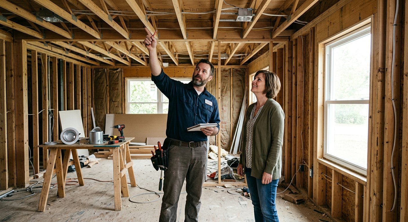 Homeowner and electrician examining open ceiling joists in an unfinished room with recessed light cans on a nearby sawhorse