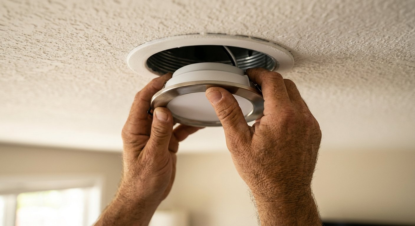 Weathered hands pressing a circular LED retrofit module into an existing recessed can housing in a white finished ceiling