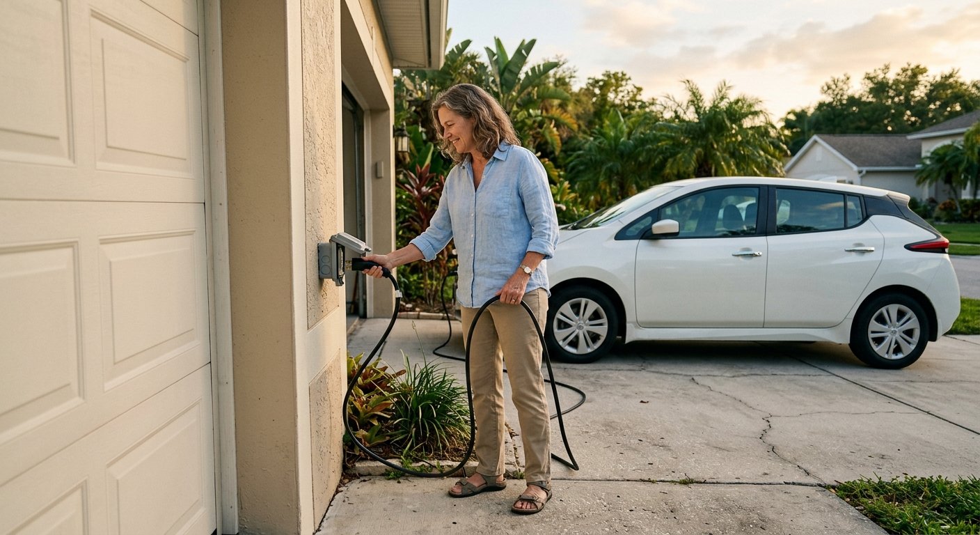 Woman plugging a Level 1 EV charging cordset into a standard outdoor outlet on a garage wall, white electric car in the drive