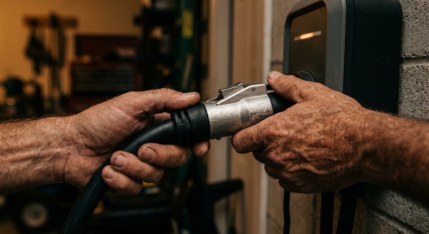 Close-up of hands inserting a J1772 Level 2 charging connector into a wall-mounted home EV charger inside a garage at night.