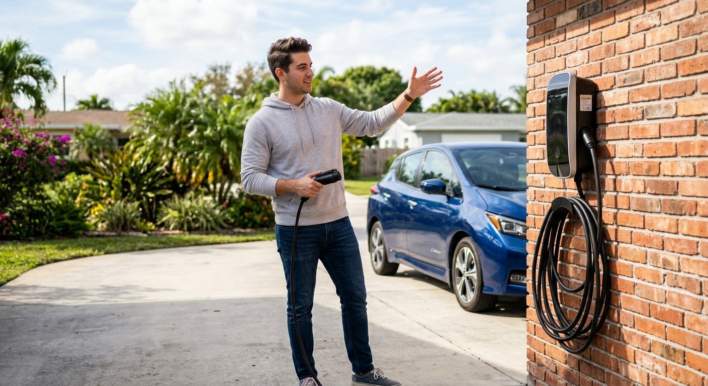 Young man in driveway holding a Level 1 charging cord while pointing to a wall-mounted Level 2 EVSE unit beside him