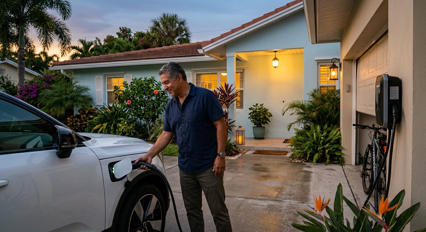 Man plugging a Level 2 EV charger into a white SUV in a South Florida home driveway at dusk