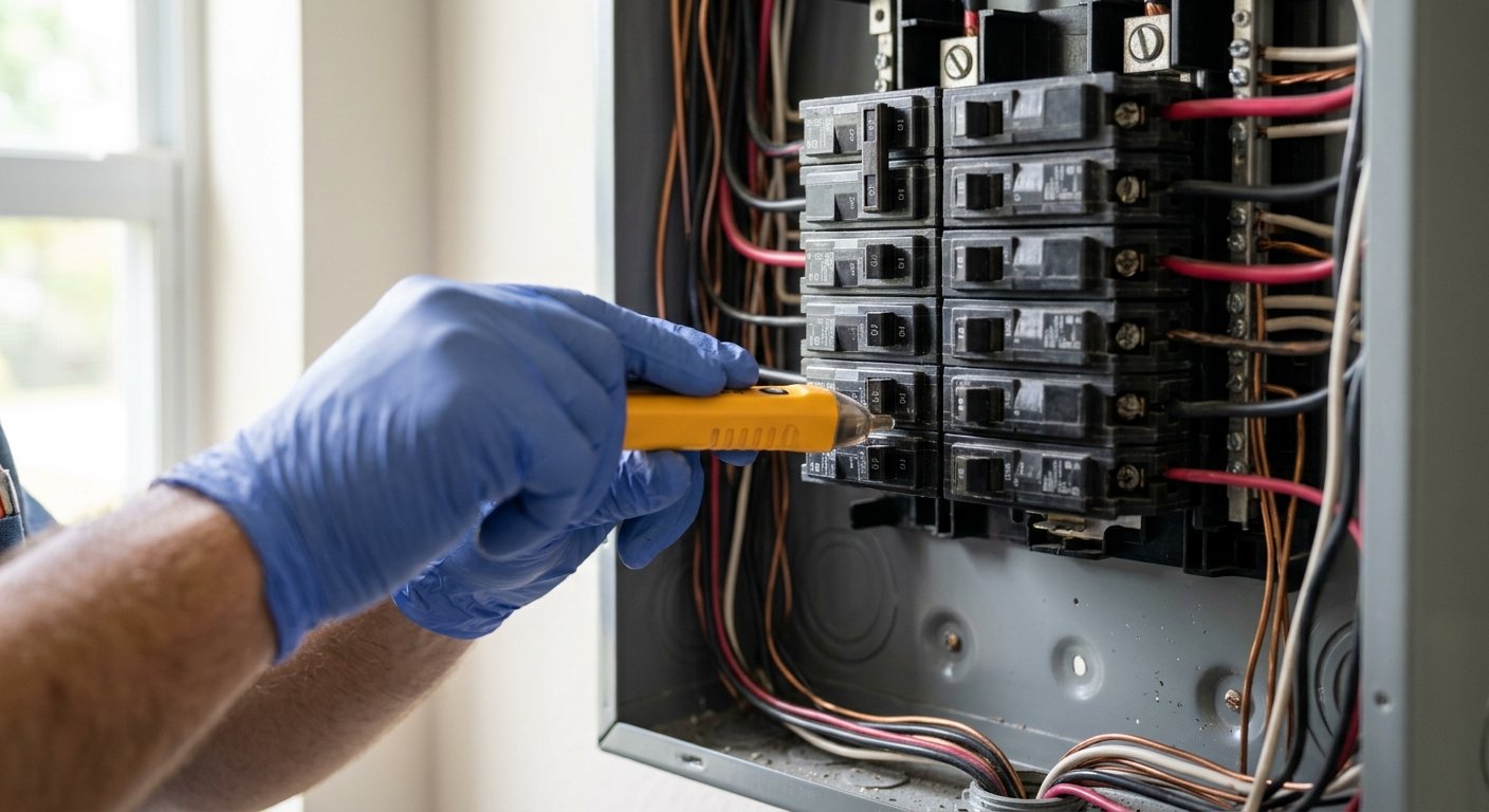 Electrician's hands holding a voltage tester inside a crowded residential breaker panel with multiple circuit breakers