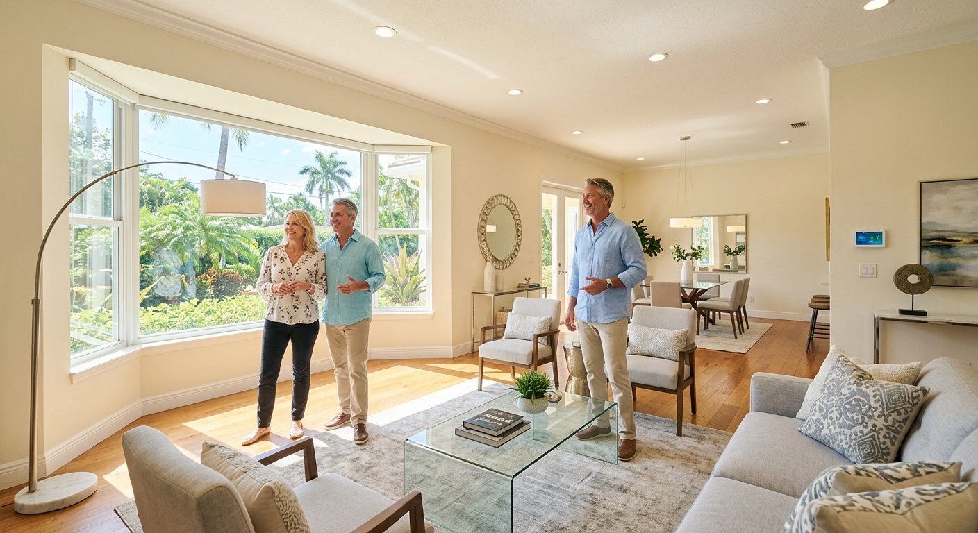 Couple pausing in a bright, naturally lit staged living room during an open house, sunlight streaming through a large bay win