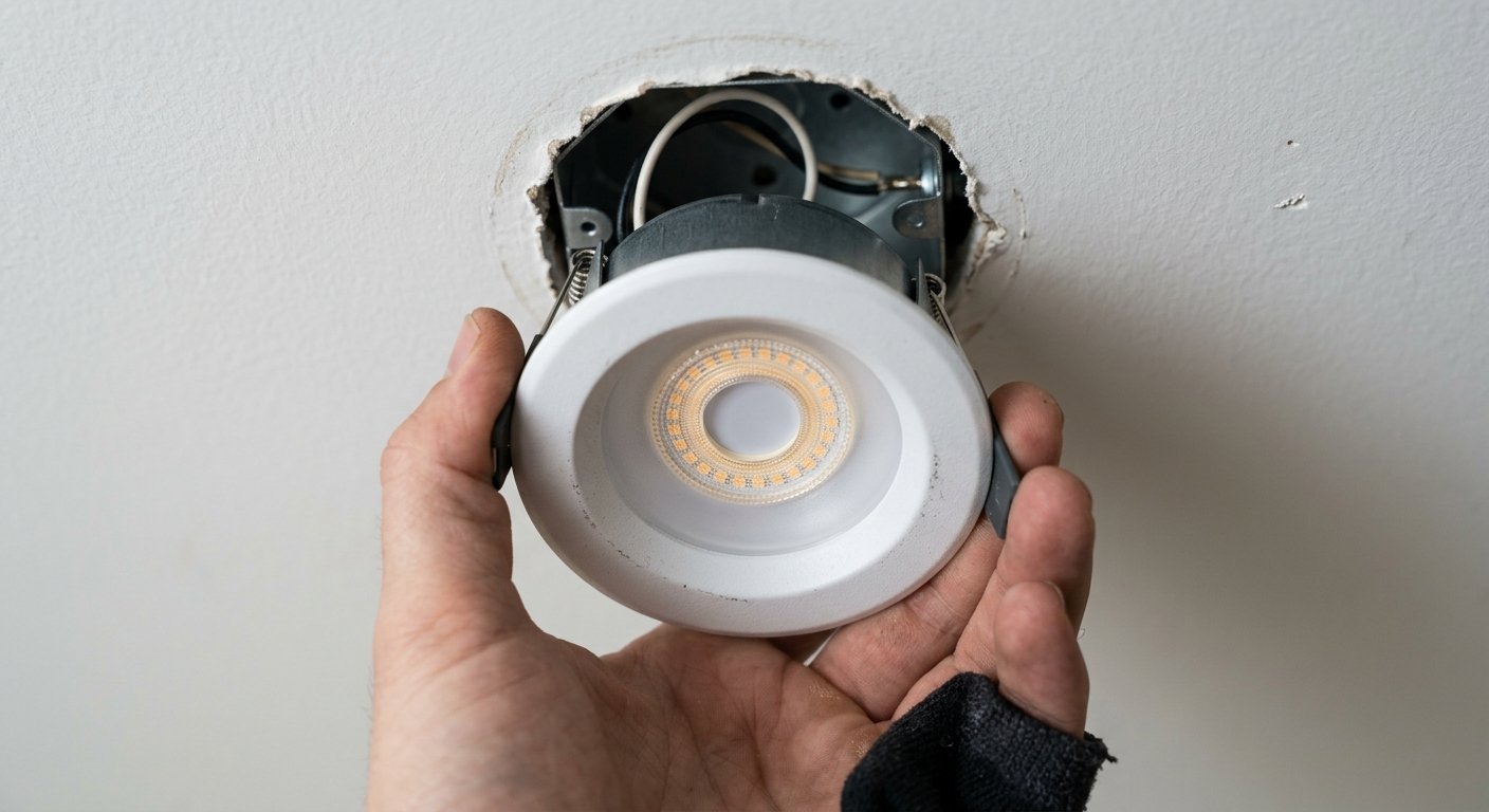 Close-up of an LED recessed light module held by a hand against a white ceiling, showing the circular emitter ring in sharp f