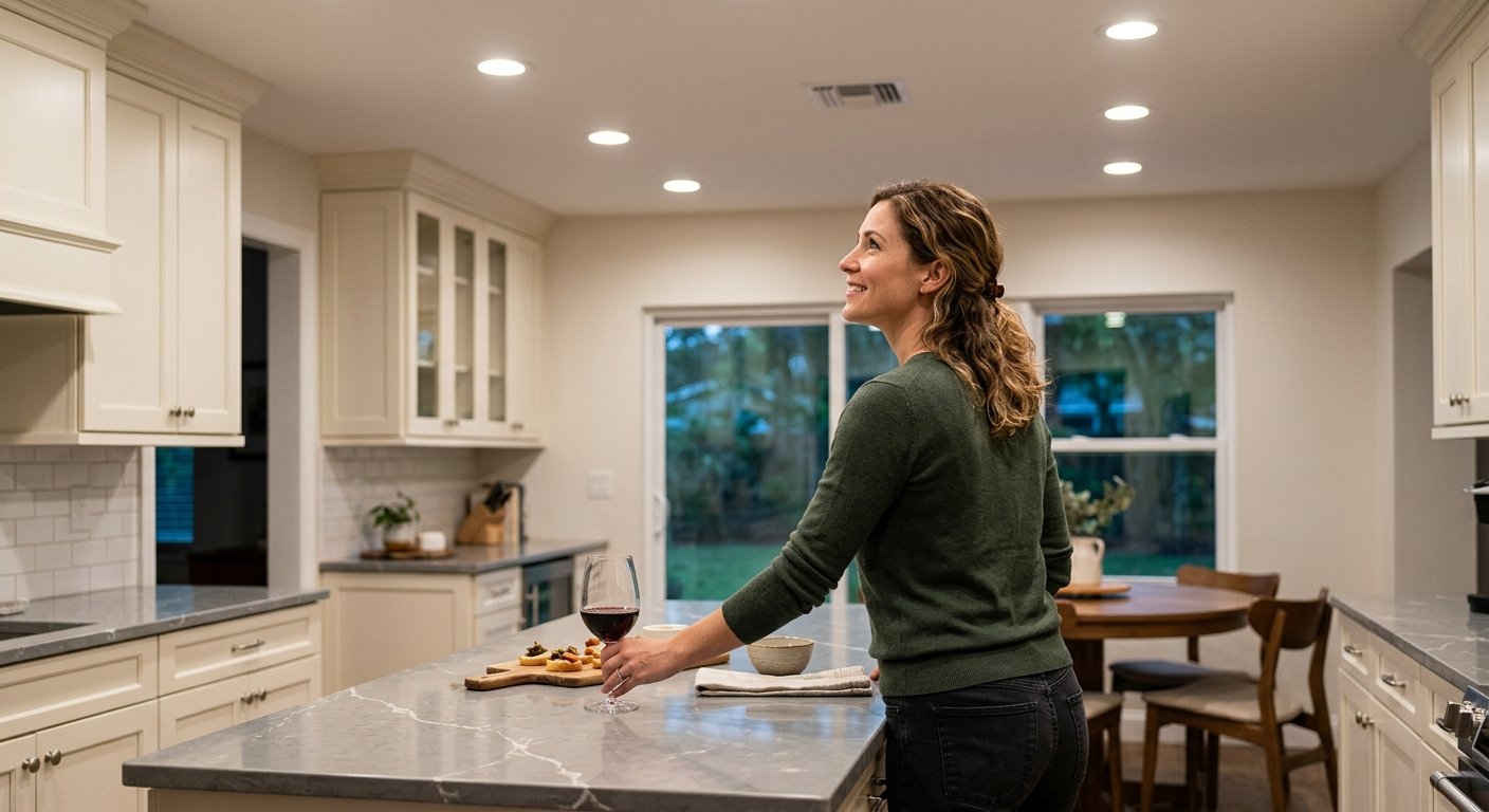 Woman at a kitchen island in the evening, glancing up at recessed ceiling lights illuminating quartz countertops and cabinetr