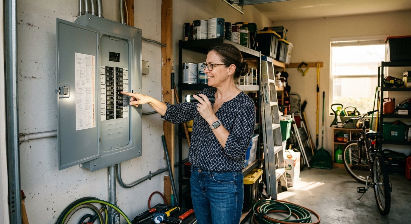 Woman in a garage holding a flashlight and pointing at an open electrical panel showing the main breaker and rows of branch c