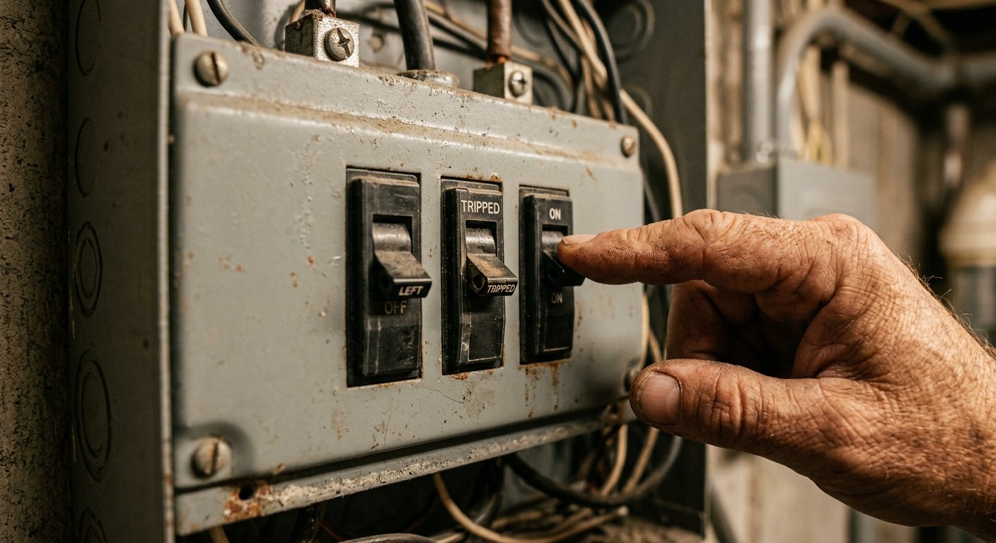 Weathered hand pointing at three circuit breakers showing ON, OFF, and tripped middle positions on a residential panel