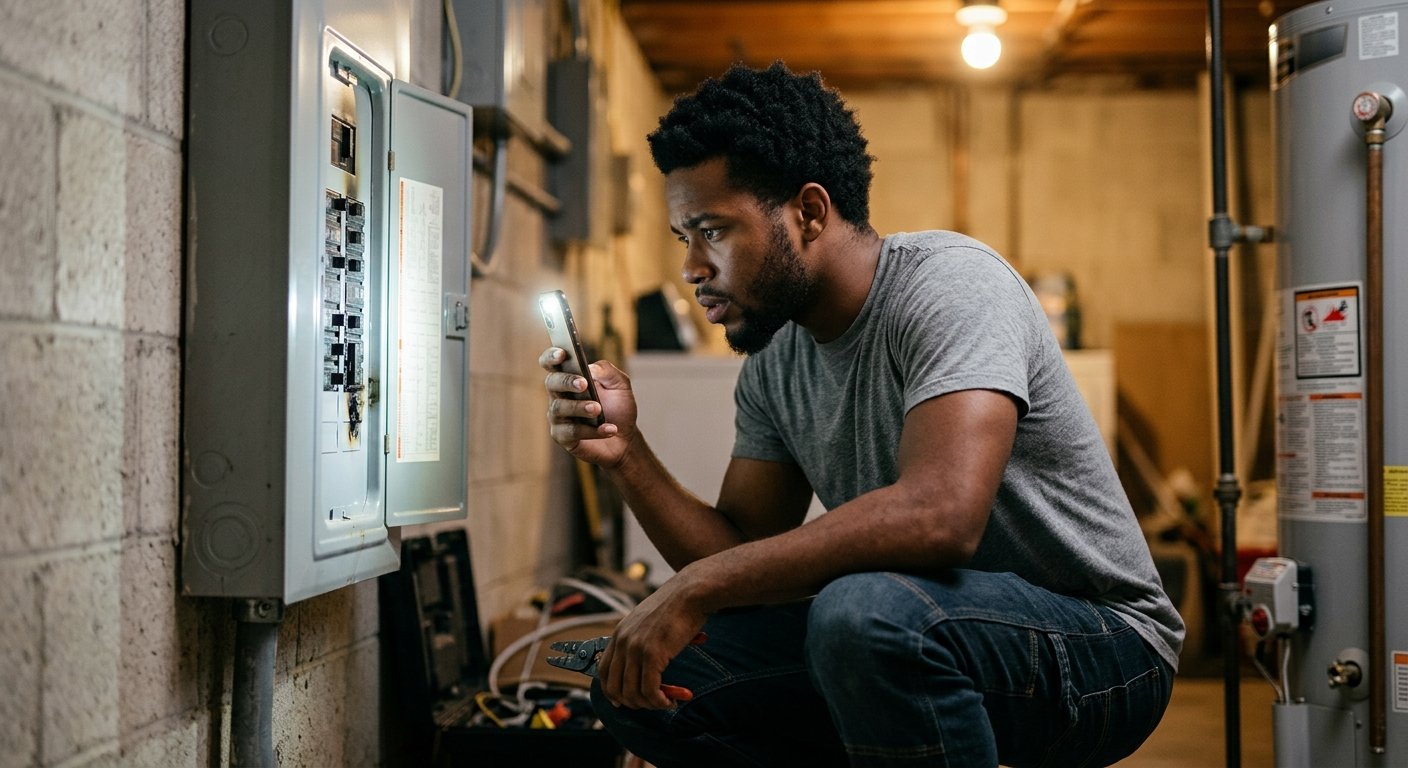 Young man crouching in basement shining phone flashlight into open electrical panel, examining wiring with concerned expressi