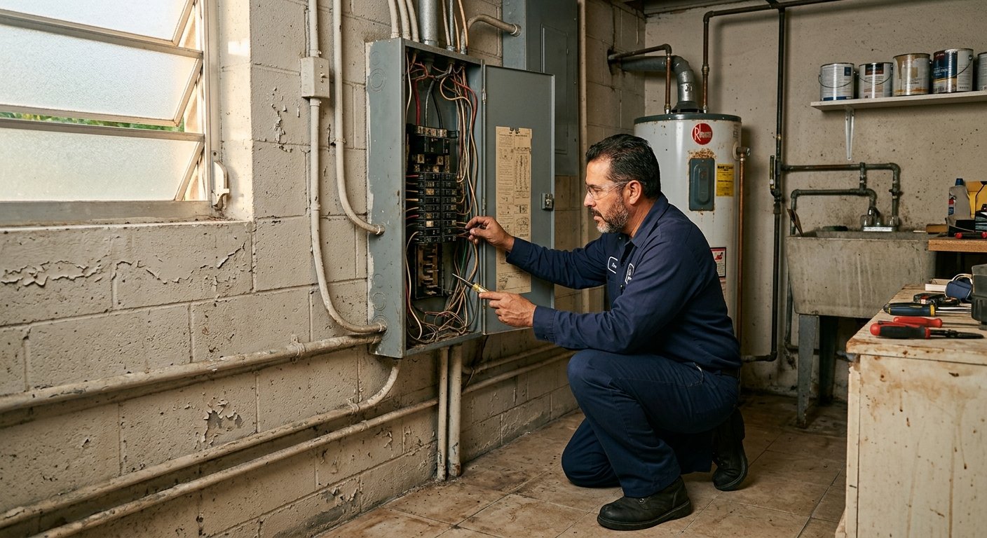 Electrician inspecting an aging breaker panel inside the utility room of a 1970s South Florida concrete block home