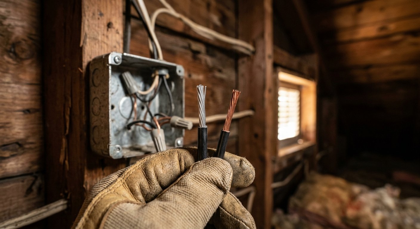 Gloved hand holding aluminum and copper wires side by side near an open junction box in a dim attic