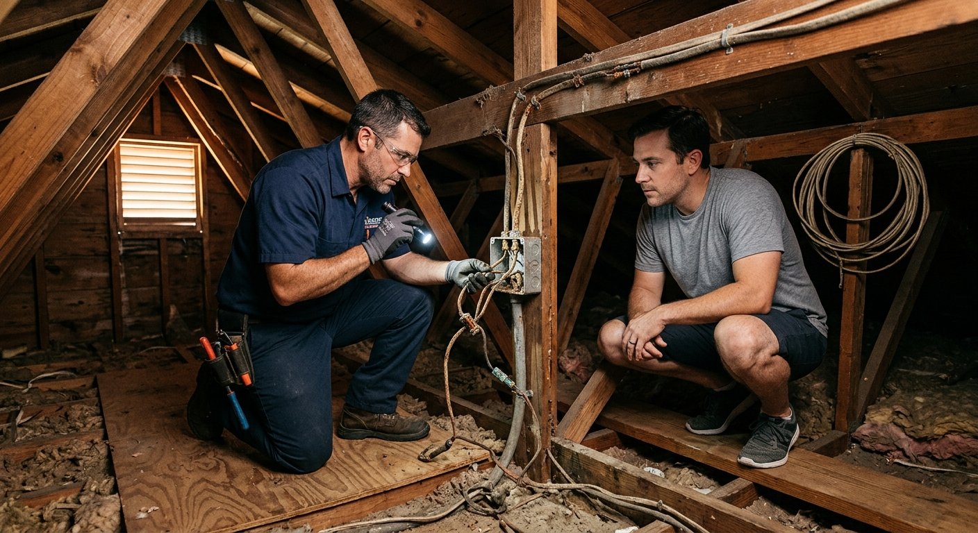 Electrician and homeowner inspecting corroded wiring in a dim South Florida attic by flashlight