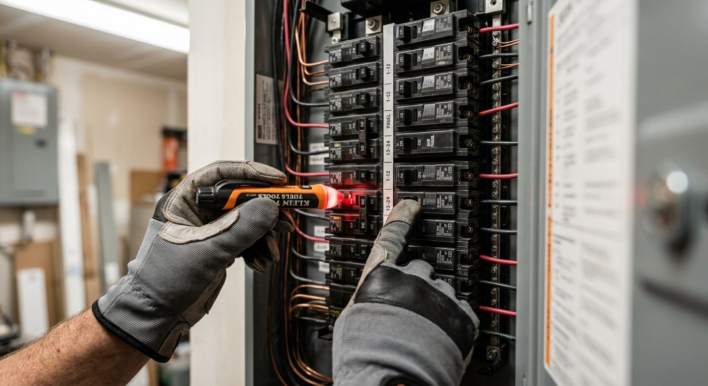 Electrician's gloved hands holding a voltage tester near open residential breaker panel, close-up with shallow depth of field