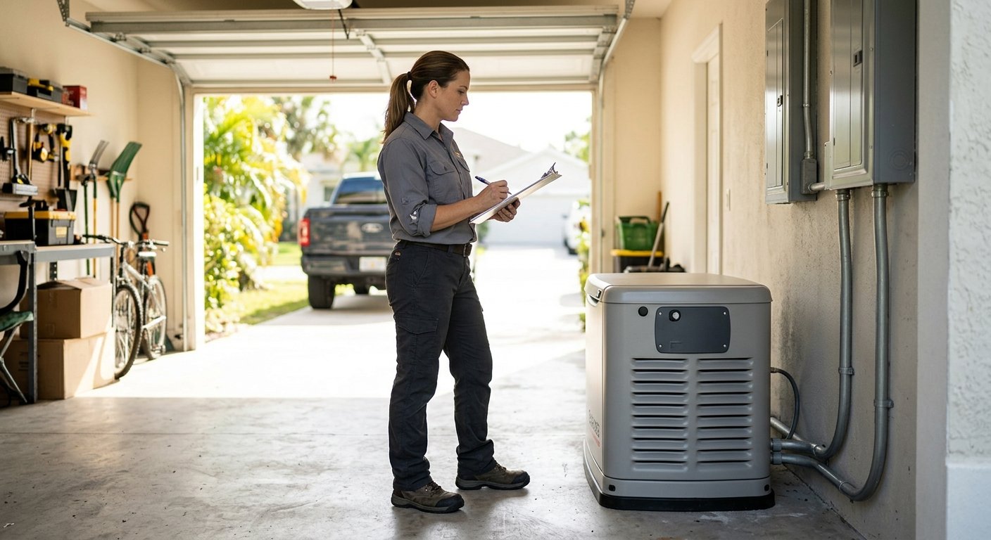 Female electrician reviewing clipboard beside a whole-home generator in a sunny South Florida garage during an inspection