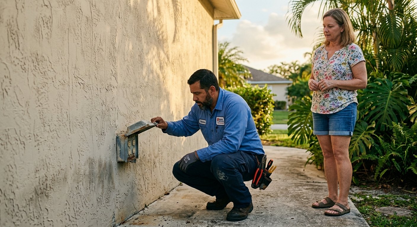 Electrician inspecting a corroded outdoor outlet on a Florida home exterior while a homeowner looks on in afternoon sun