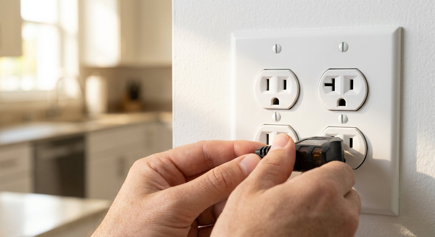 Close-up of a 15-amp and 20-amp duplex outlet side by side on a white wall plate, with a plug-in outlet tester inserted