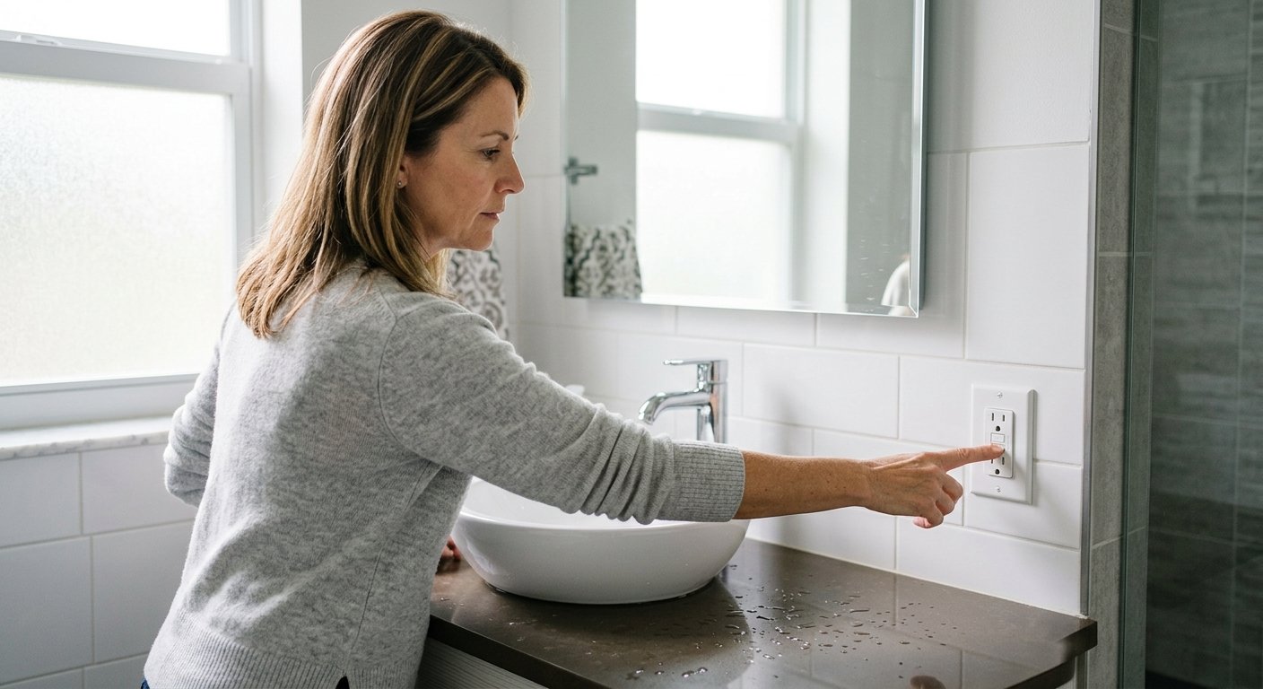 Woman pressing the TEST button on a GFCI outlet mounted beside a bathroom sink with water droplets visible on the countertop