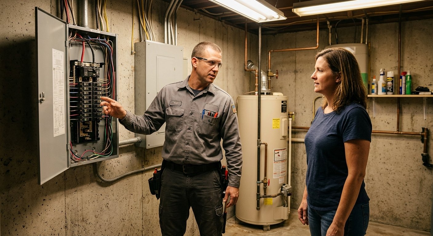 Electrician and homeowner reviewing an open residential electrical panel in a basement utility room