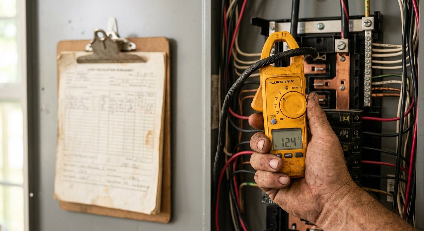 Close-up of hands holding a clamp meter around a wire inside an open breaker panel, with a load calculation worksheet blurred