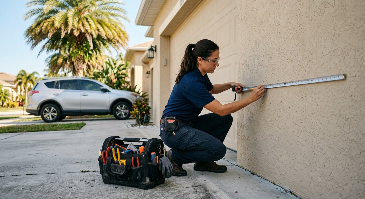 Female electrician crouching in a sunny driveway, measuring a stucco garage wall to mark placement for an EV charger installa