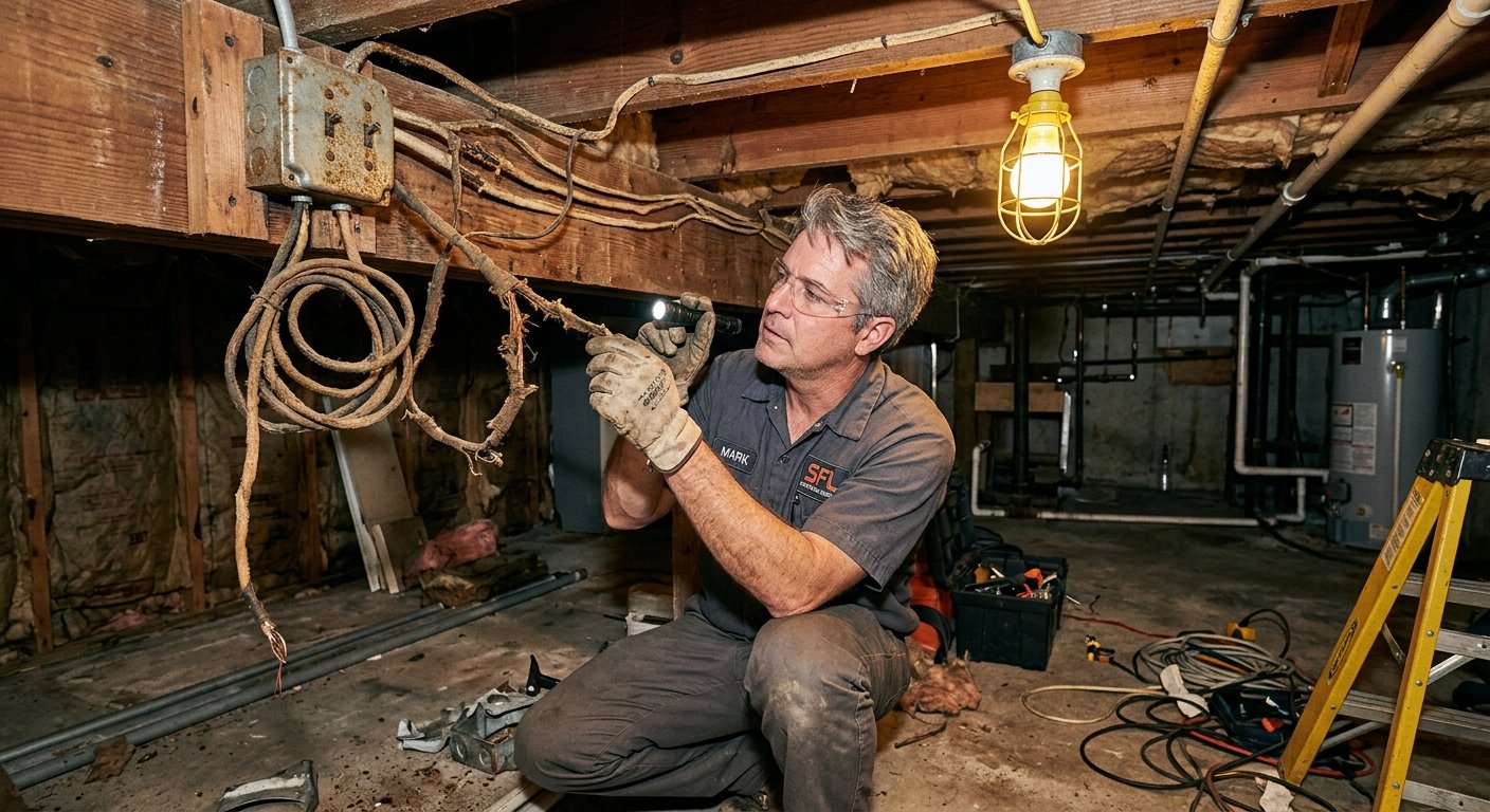 Electrician crouching in a basement examining old cloth-wrapped wiring along wooden joists near a weathered junction box