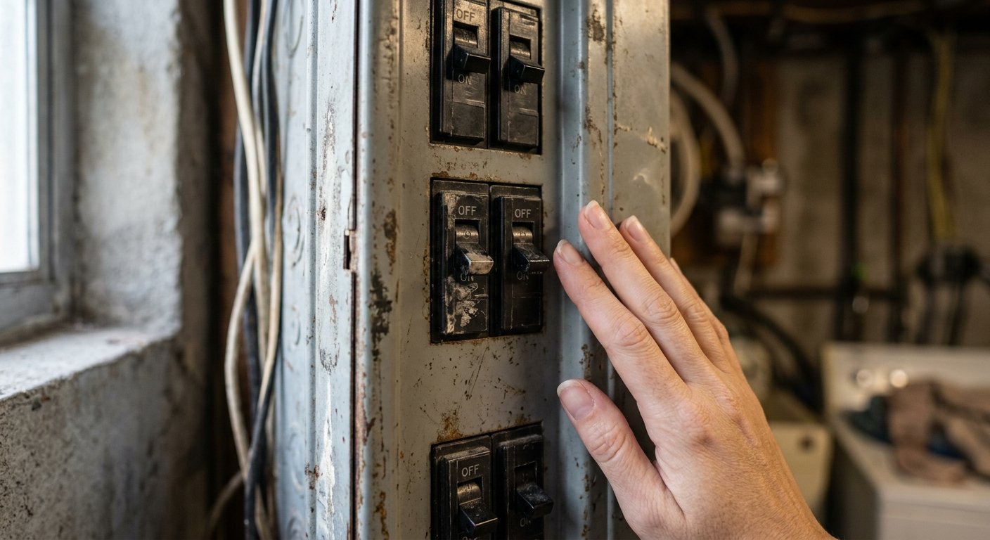 Woman's hand near two tripped circuit breakers in a residential electrical panel, breakers flipped to the middle position