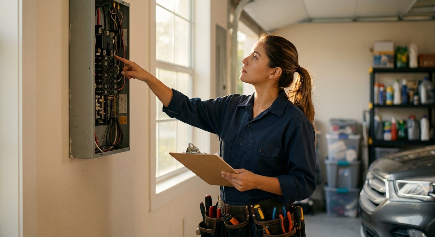 Female electrician in navy shirt points at open wall panel in a garage, clipboard in hand, warm late-afternoon light
