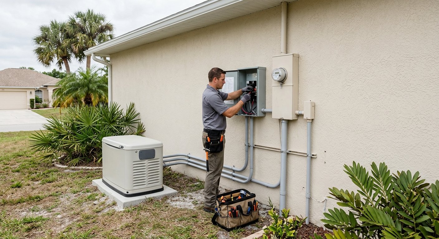 Electrician mounting a transfer switch box on a home exterior wall next to a utility meter, with a generator on a concrete pa
