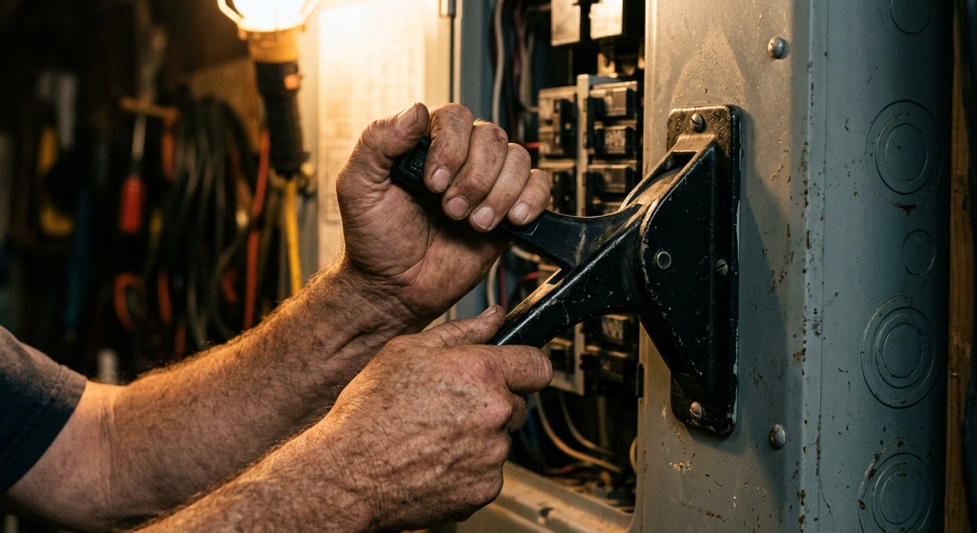 Weathered hands gripping a black manual transfer switch lever inside a gray electrical panel, warm work light, blurred breake
