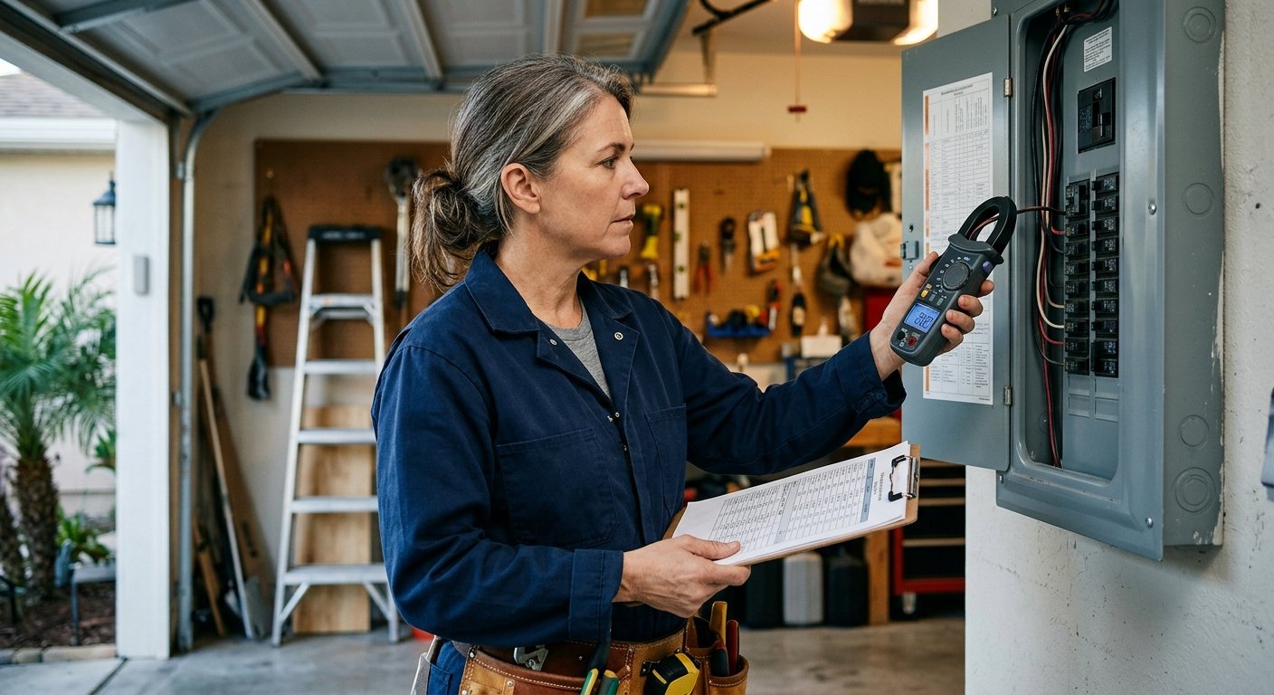 Female electrician checking amp rating on a residential electrical panel with a clamp meter and clipboard inside a garage