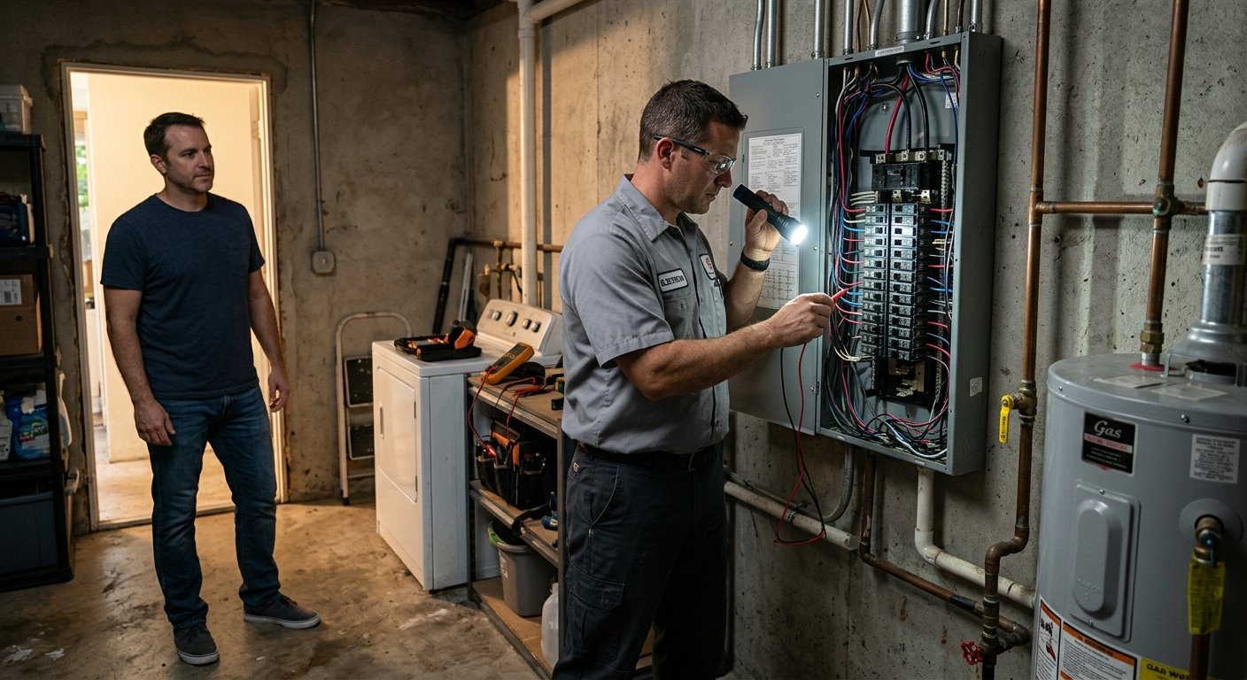 Electrician inspecting open residential breaker panel in a utility room while a homeowner observes nearby
