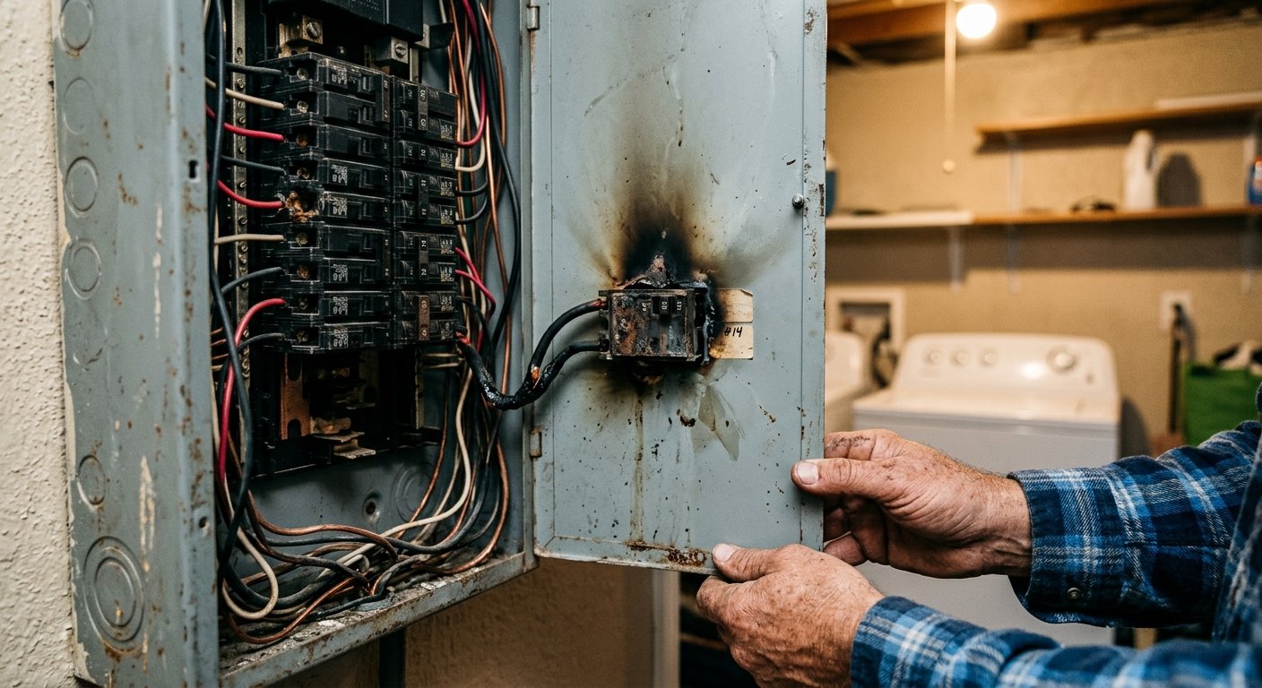 Close-up of scorch marks around a breaker slot inside a residential electrical panel, hands holding the door open