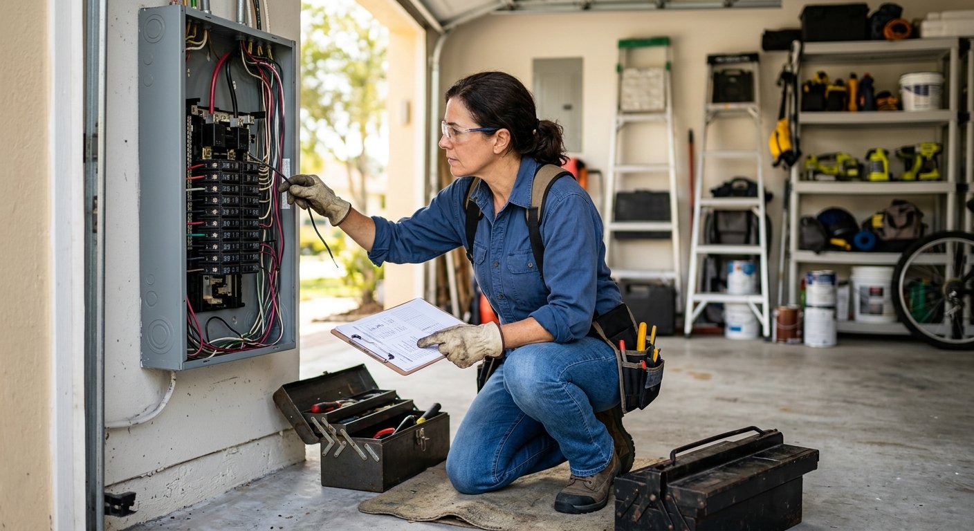 Female electrician kneeling in a garage, tracing wires inside an open electrical panel while holding a clipboard