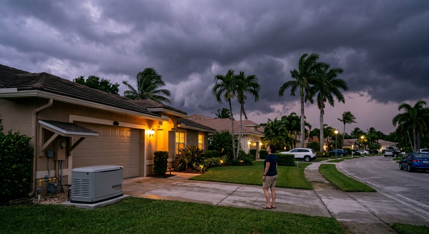 Woman standing in driveway of Florida home at dusk, storm clouds gathering overhead, standby generator visible beside the hou