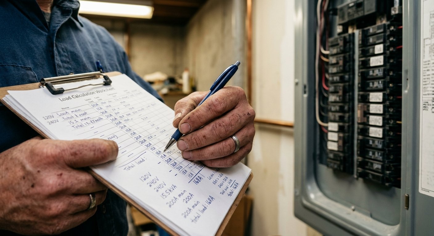 Electrician's hands holding a load calculation worksheet next to an open residential electrical panel, pen pointing at ampera