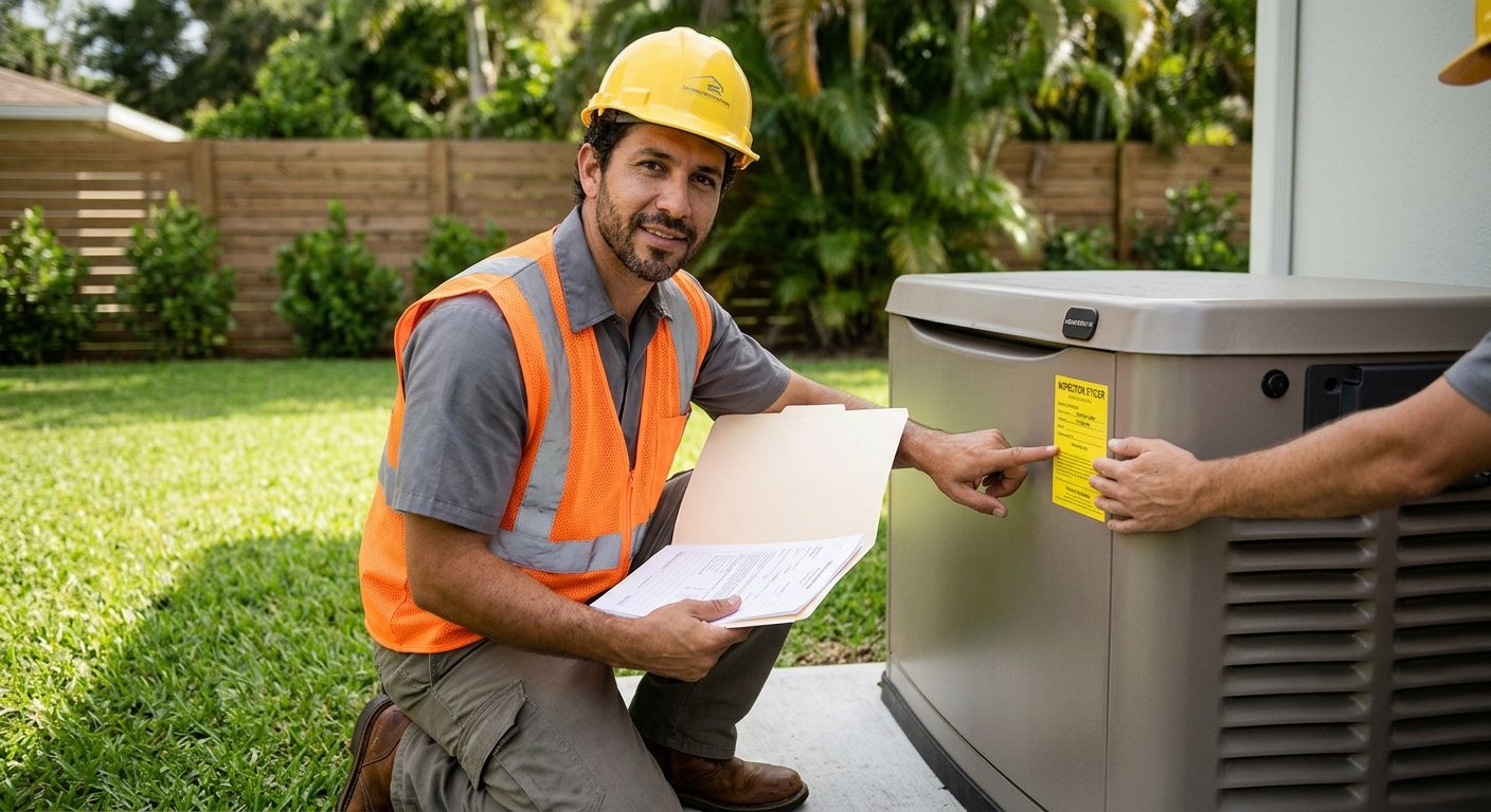 Male contractor kneeling beside a standby generator on a concrete pad, holding a permit folder while affixing an inspection s